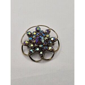 Vintage goldplated  Blue Green Rhinestone Floral Brooch Starburst Snowflake